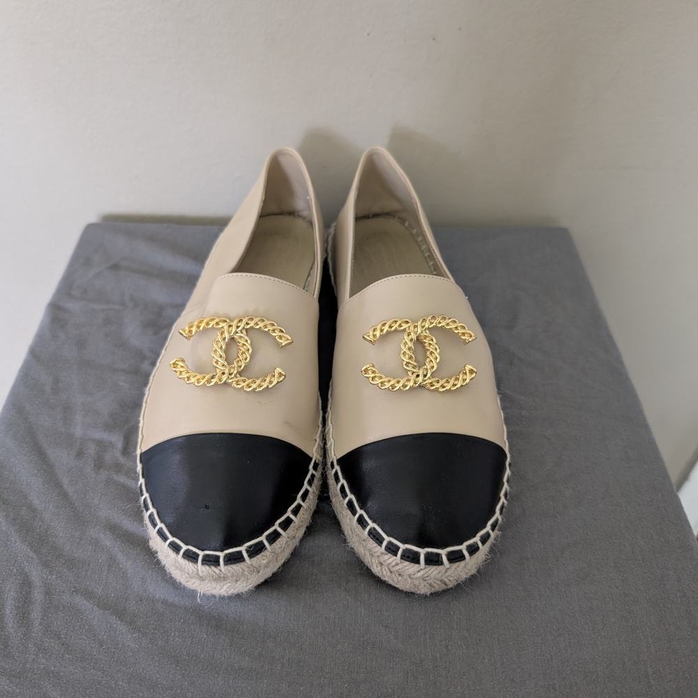 Cream and Black Espadrilles with Woven Trim